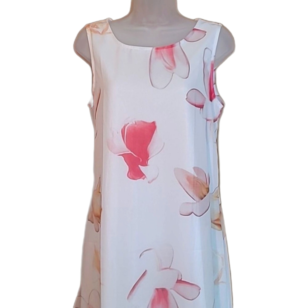 Floral Chiffon Mini Dress Sheer Lined Sleeveless Shift Tunic Boat Neck Flowery - Picture 12 of 17